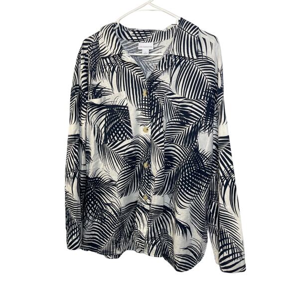 Liz Claiborne shirt button down women's large LINEN BLEND white black tropical - Picture 1 of 16
